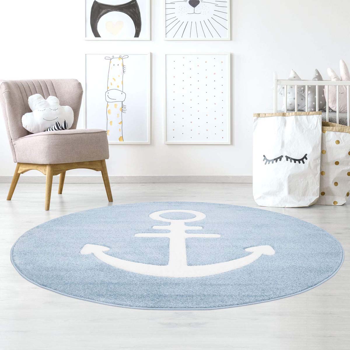 West Scherm Lotsbestemming Rond vloerkleed kinderkamer Anker 3D - blauw | Tapeso