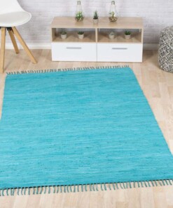 Kelim vloerkleed effen handweef Bomull - turquoise - sfeer