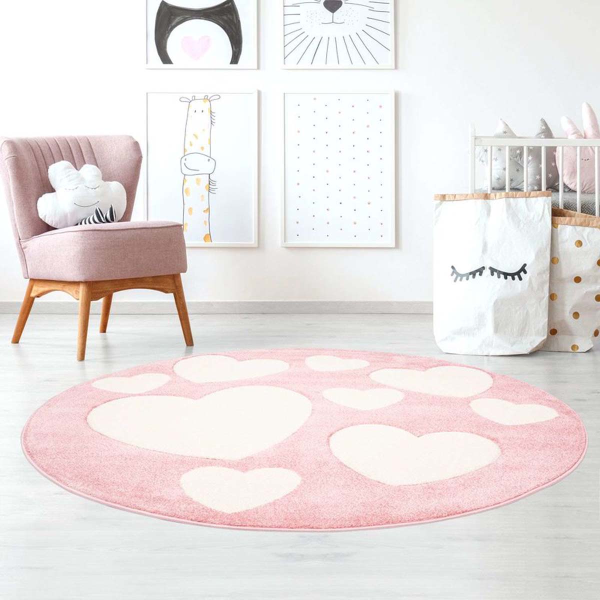 Rond vloerkleed kinderkamer Hartjes 3D - roze/crème Tapeso