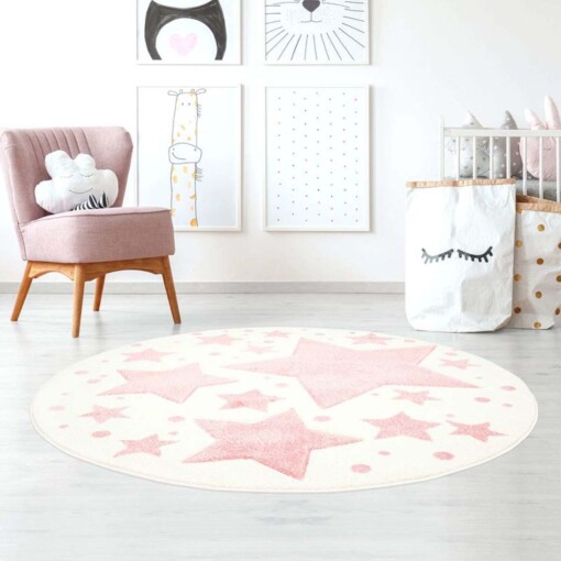 Rond vloerkleed kinderkamer Sterren 3D - crème/roze - sfeer