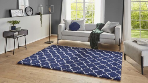Hoogpolig vloerkleed luna - blauw/crème - sfeer