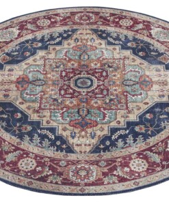 Rond vintage vloerkleed Sylla - blauw/rood - overzicht schuin, thumbnail