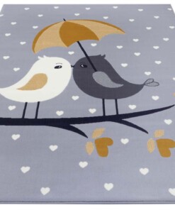 Kindervloerkleed vogels Lovely Birds - grijs/mosterdgeel - overzicht schuin, thumbnail