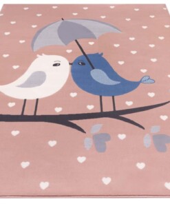 Kindervloerkleed vogels Lovely Birds - roze - overzicht schuin, thumbnail