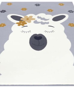 Kindervloerkleed lama Lonetta - grijs/mosterdgeel - overzicht schuin, thumbnail