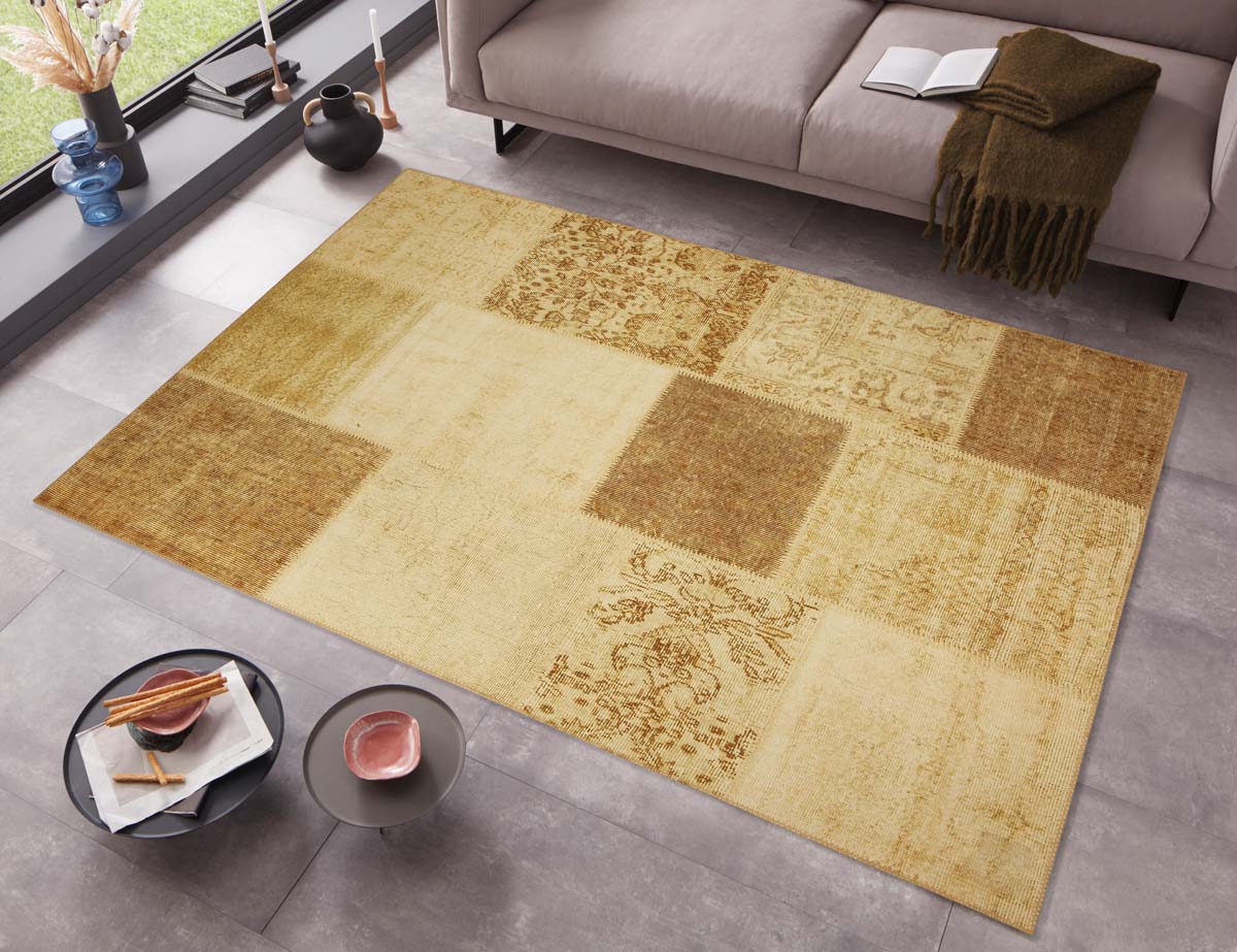 Dekking Vegen dienen Patchwork vloerkleed Calvin - goud | Tapeso