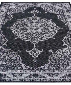 Binnen & buiten vloerkleed vintage Edinburgh - zwart/crème - overzicht schuin, thumbnail