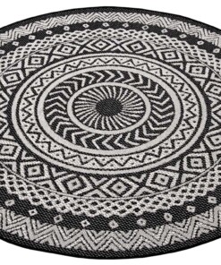 Binnen & buiten vloerkleed rond Mandala - zwart/crème - overzicht schuin, thumbnail