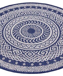 Binnen & buiten vloerkleed rond Mandala - blauw/crème - overzicht schuin, thumbnail