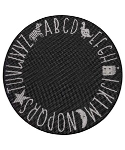 Rond kinderkamer vloerkleed Alfabet - zwart/crème - overzicht boven, thumbnail