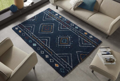 Hoogpolig vloerkleed Disa - blauw/meerkleurig - sfeer