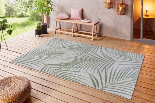 Binnen & buiten vloerkleed Tropical leaf - crème/groen - sfeer