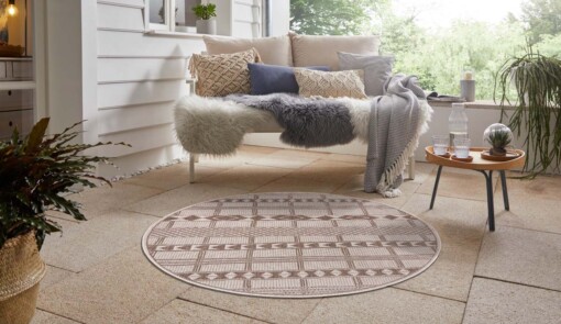 Rond binnen & buiten vloerkleed Boho - lichtbruin/crème - sfeer