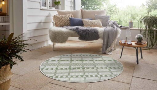 Rond binnen & buiten vloerkleed Boho - groen/crème - sfeer