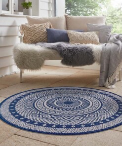 Binnen & buiten vloerkleed rond Mandala - blauw/crème - sfeer, thumbnail