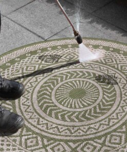 Binnen & buiten vloerkleed rond Mandala - groen/crème - close up materiaal, thumbnail
