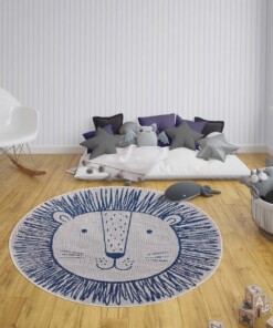 Rond kinderkamer vloerkleed Leeuw - crème/blauw - sfeer, thumbnail