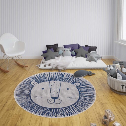 Rond kinderkamer vloerkleed Leeuw - crème/blauw - sfeer