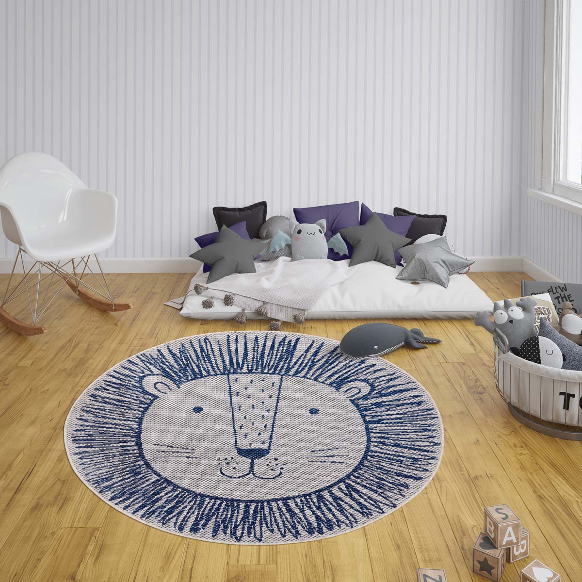 hoog Hoes Teleurstelling Rond kinderkamer vloerkleed Leeuw - crème/blauw | Tapeso