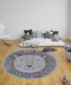 Rond kinderkamer vloerkleed Leeuw - zilver/grijs - sfeer, thumbnail