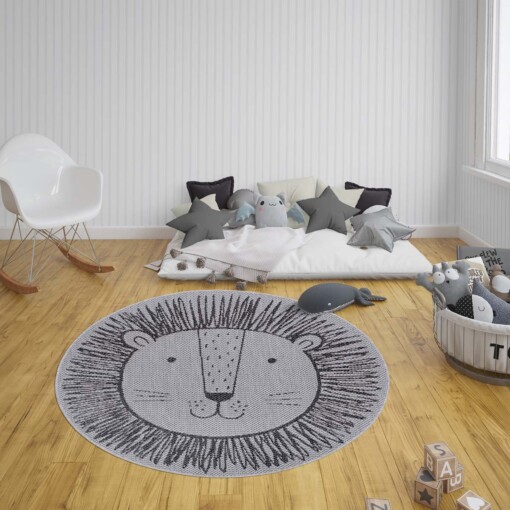 Rond kinderkamer vloerkleed Leeuw - zilver/grijs - sfeer