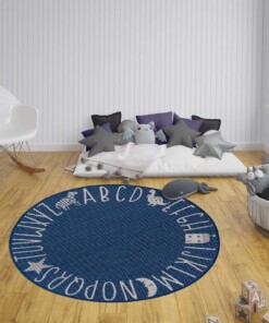 Rond kinderkamer vloerkleed Alfabet - blauw/crème - sfeer, thumbnail