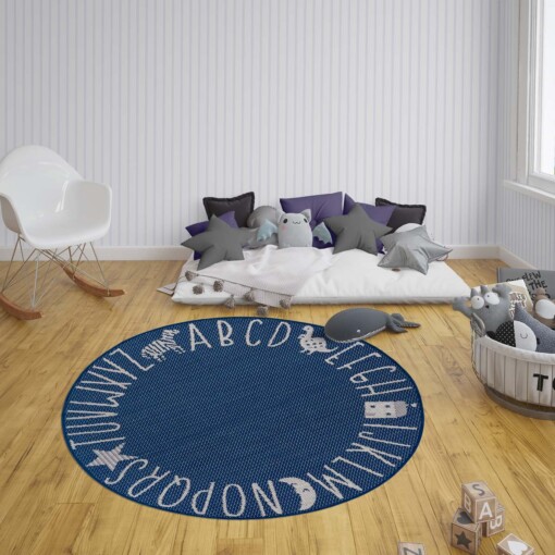 Rond kinderkamer vloerkleed Alfabet - blauw/crème - sfeer