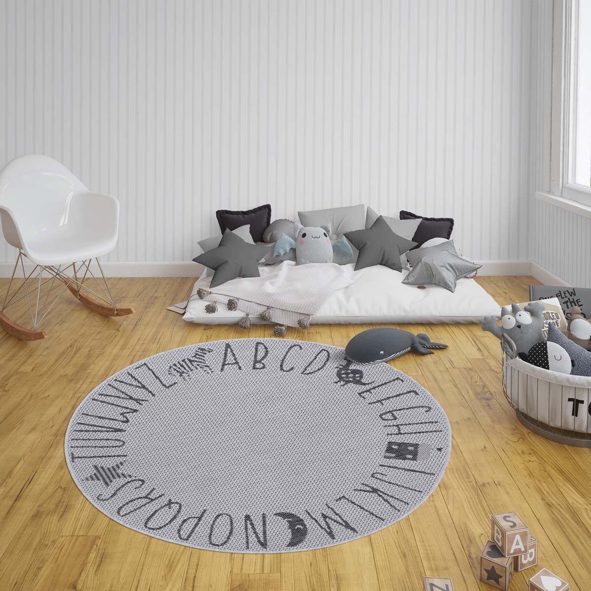 efficiëntie Grafiek katje Rond kinderkamer vloerkleed Alfabet - zilver/grijs | Tapeso