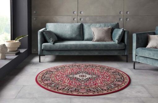 Klassiek vloerkleed rond Medaillion - rood/zwart - sfeer