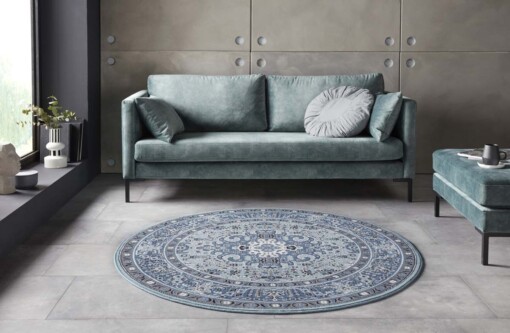 Klassiek vloerkleed rond Medaillion - blauw - sfeer