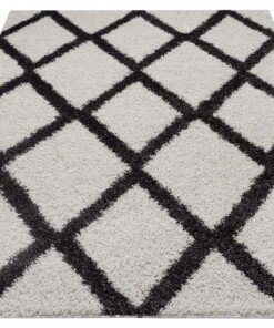 Hoogpolig vloerkleed ruiten York - crème/zwart - overzicht schuin, thumbnail
