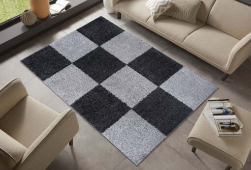 Hoogpolig vloerkleed blokken Rustic - zwart/donkergrijs - sfeer
