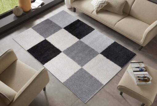 Hoogpolig vloerkleed blokken Rustic - crème/zwart - sfeer
