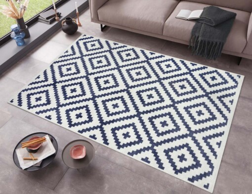 Modern vloerkleed ruiten Aztec - blauw/crème - sfeer