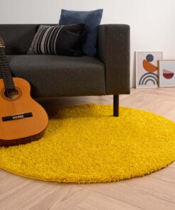 Rond hoogpolig vloerkleed shaggy Trend effen - geel - sfeer, thumbnail