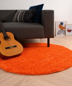 Rond hoogpolig vloerkleed shaggy Trend effen - oranje - sfeer, thumbnail