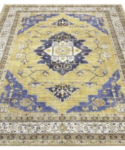 Design vloerkleed Heriz Kahar Elle Decoration - goud/blauw - overzicht schuin
