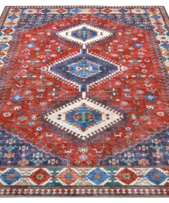 Kelim vloerkleed Hamadan Karim - rood/blauw - overzicht schuin, thumbnail Kelim vloerkleed Hamadan Karim - rood/blauw - overzicht schuin, thumbnail