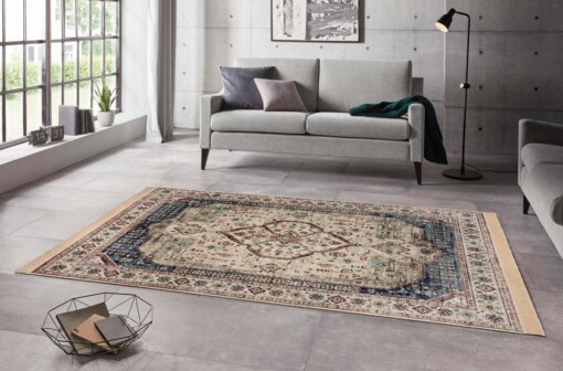 Oosters tapijt Tabriz Madiha - beige/donkerblauw - sfeer