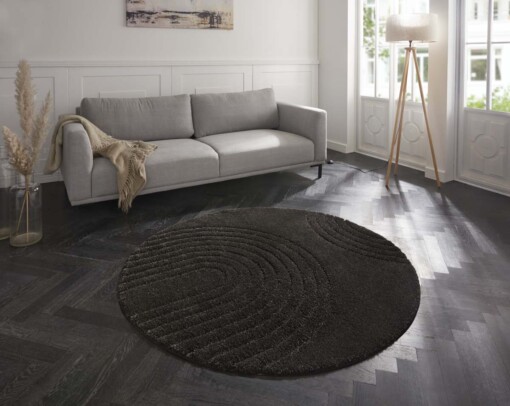 Rond designer vloerkleed 3D Fergus - donkergrijs - sfeer