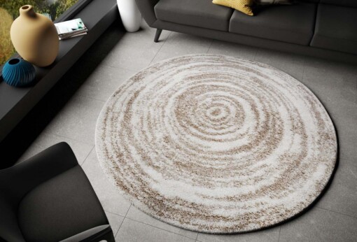 Rond hoogpolig vloerkleed Rian - crème/beige - sfeer