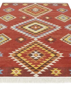 Kelim vloerkleed ruiten Vida - rood/multi - overzicht schuin, thumbnail Kelim vloerkleed ruiten Vida - rood/multi - overzicht schuin, thumbnail