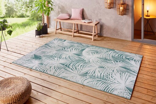 Buitenkleed palm Lagosi - turquoise/crème - sfeer