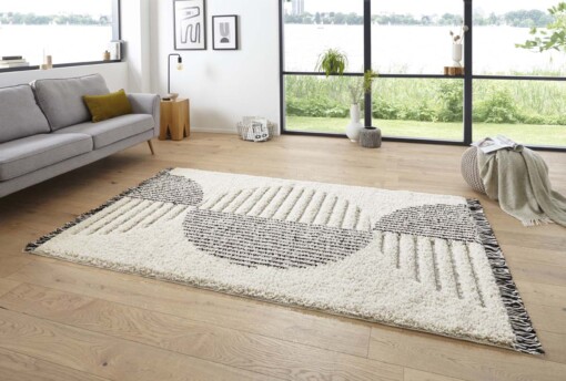 Hoogpolig designer vloerkleed 3D Akan - crème/zwart - sfeer