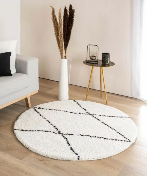Rond hoogpolig vloerkleed ruit Artisan - wit/zwart - sfeer