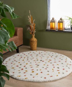 Rond hoogpolig vloerkleed stippen Artisan - wit/multi - sfeer