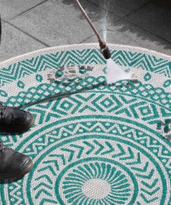 Rond buitenkleed geometrisch - Giro groen/crème - close up, thumbnail