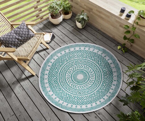 Rond buitenkleed geometrisch - Giro groen/crème - sfeer