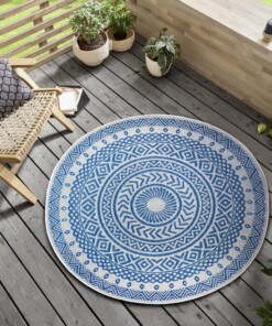 Rond buitenkleed geometrisch - Giro blauw/crème - sfeer