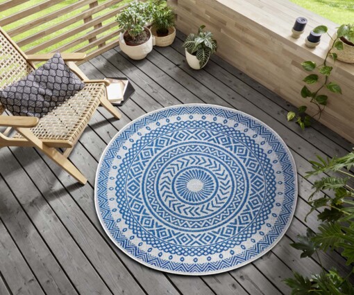 Rond buitenkleed geometrisch - Giro blauw/crème - sfeer